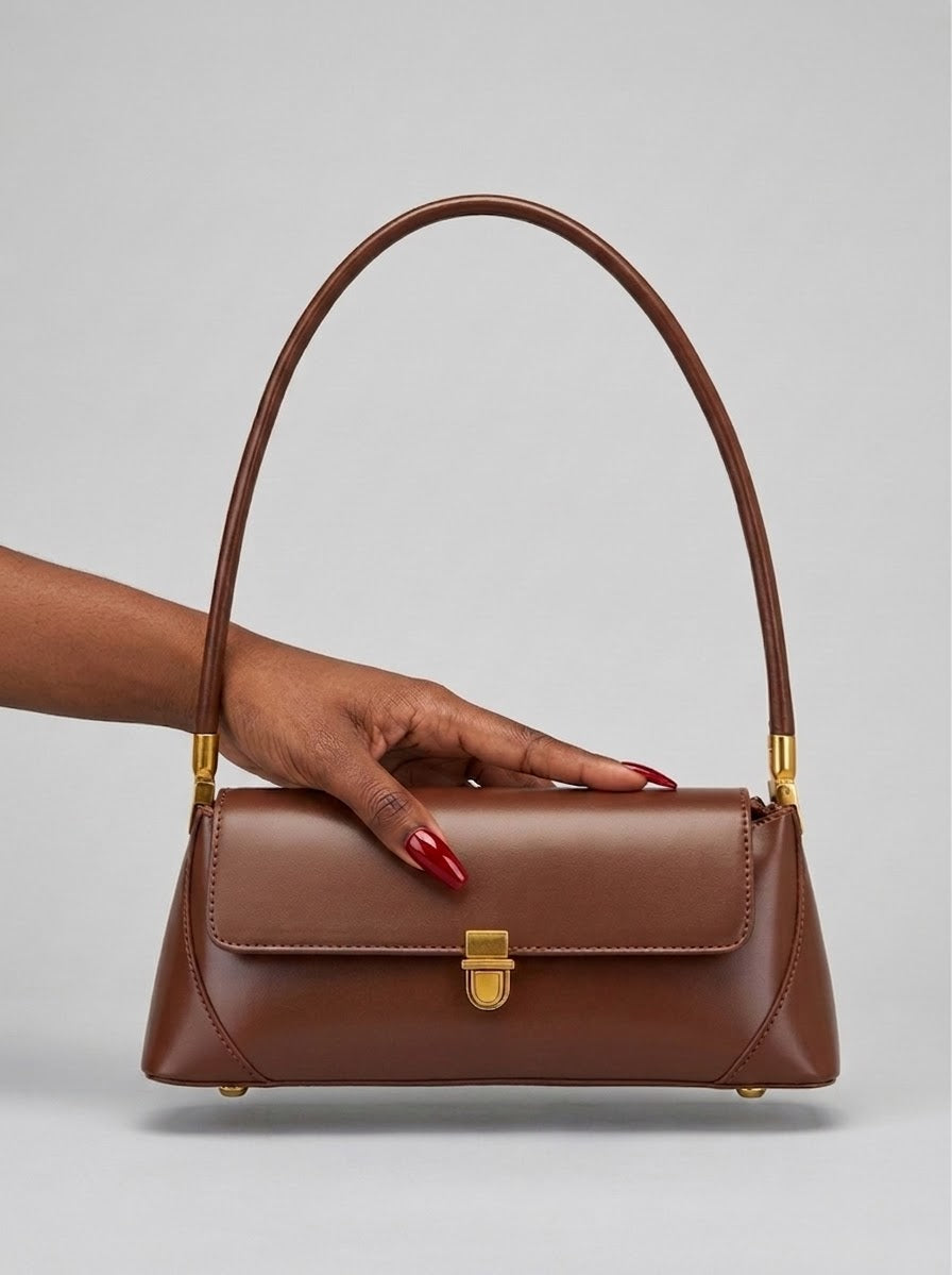 Brown leather structured mini shoulder bag with gold detail