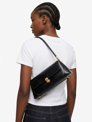 Black leather structured mini shoulder bag with gold detail