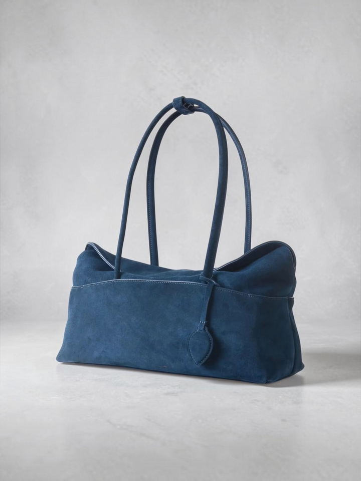 Genuine suede minimalist large shoulder bag blue
