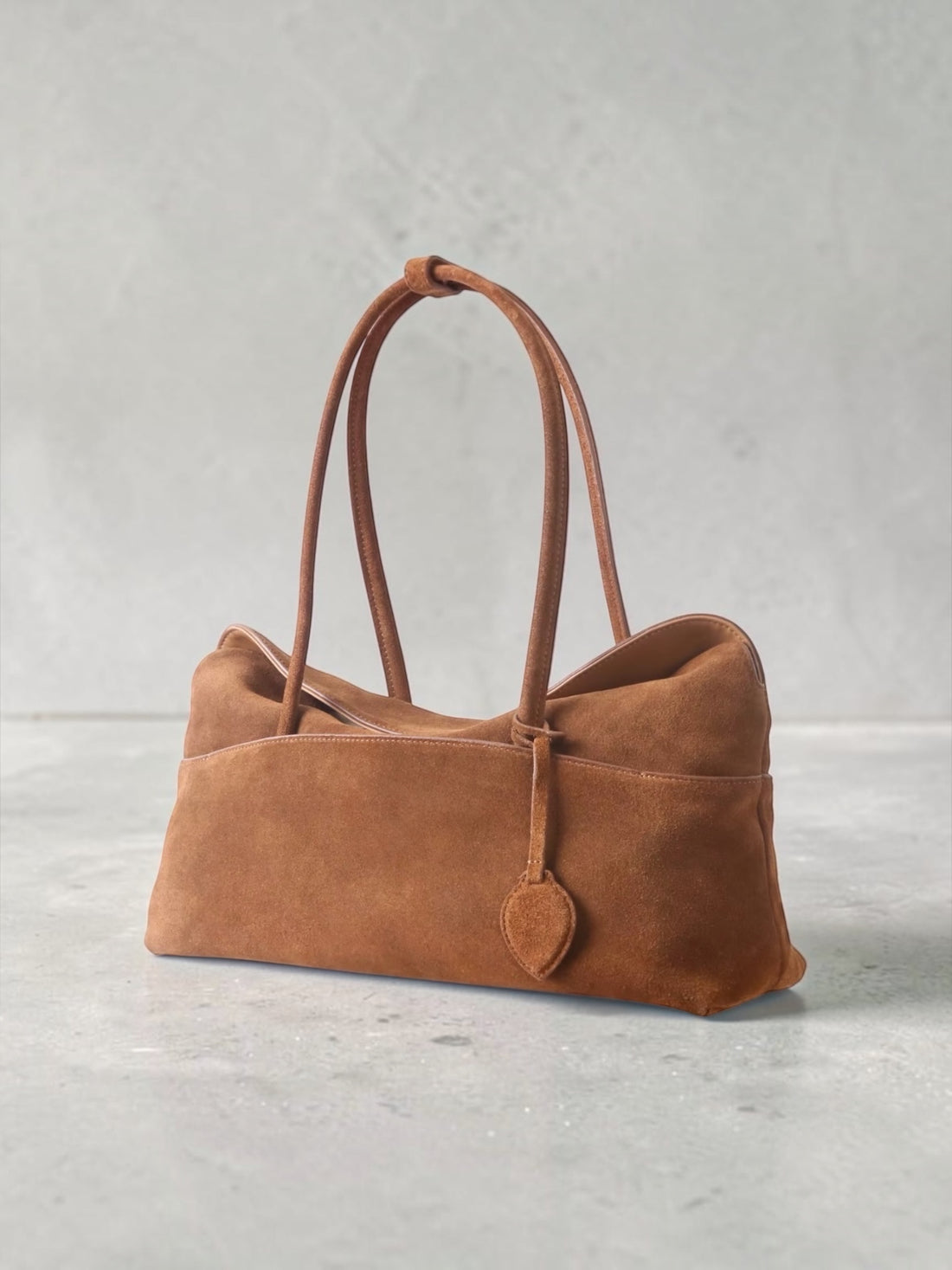 Genuine suede minimalist large shoulder bag tan