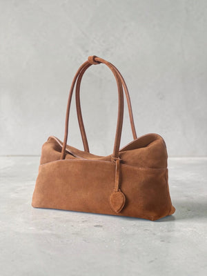 Genuine suede minimalist large shoulder bag tan