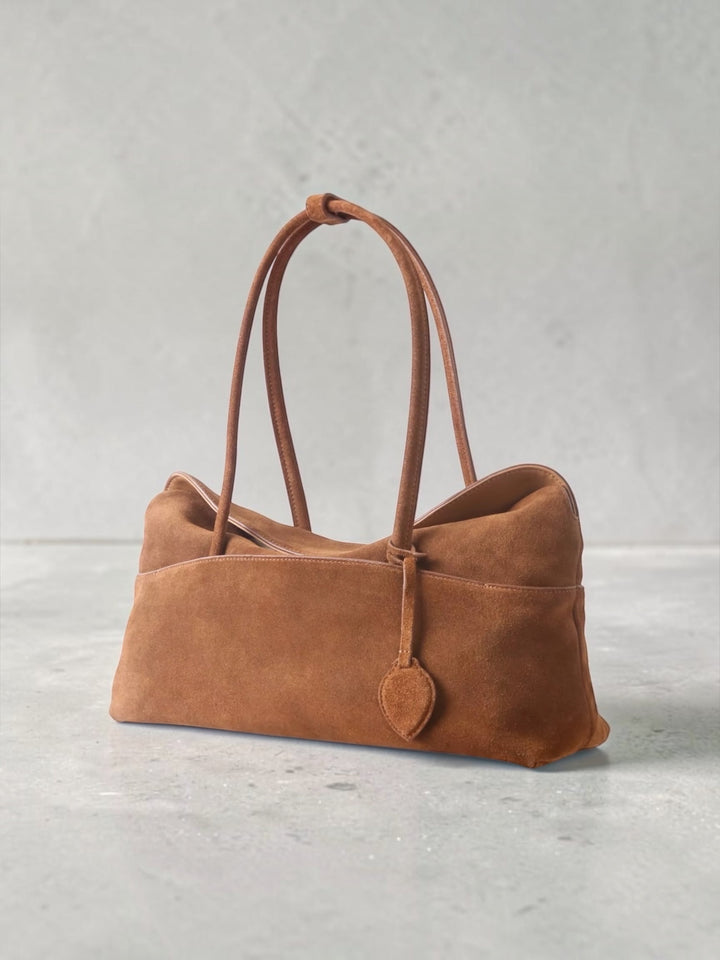 Genuine suede minimalist large shoulder bag tan