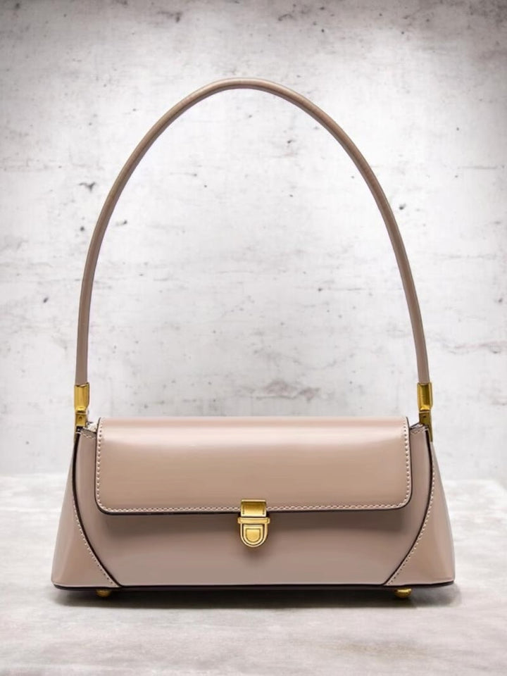 Beige leather structured mini shoulder bag with gold detail