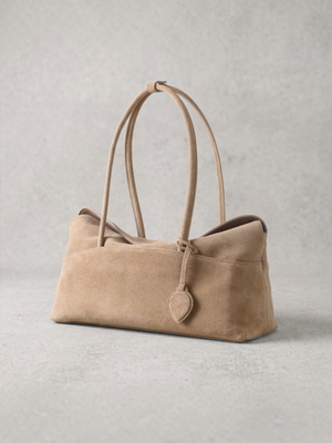 Genuine suede minimalist large shoulder bag beige