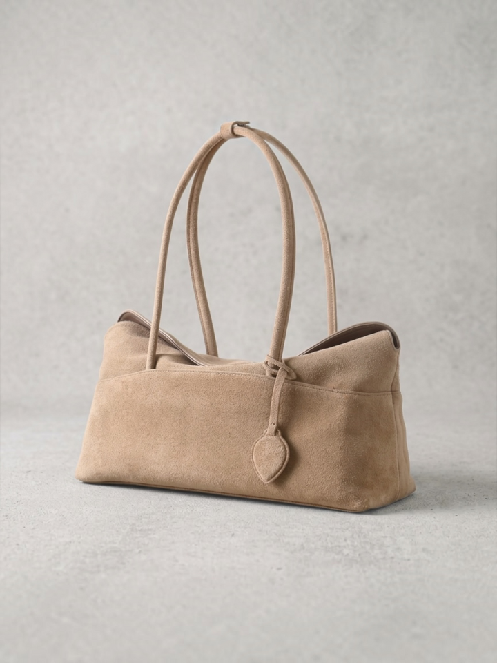 Genuine suede minimalist large shoulder bag beige