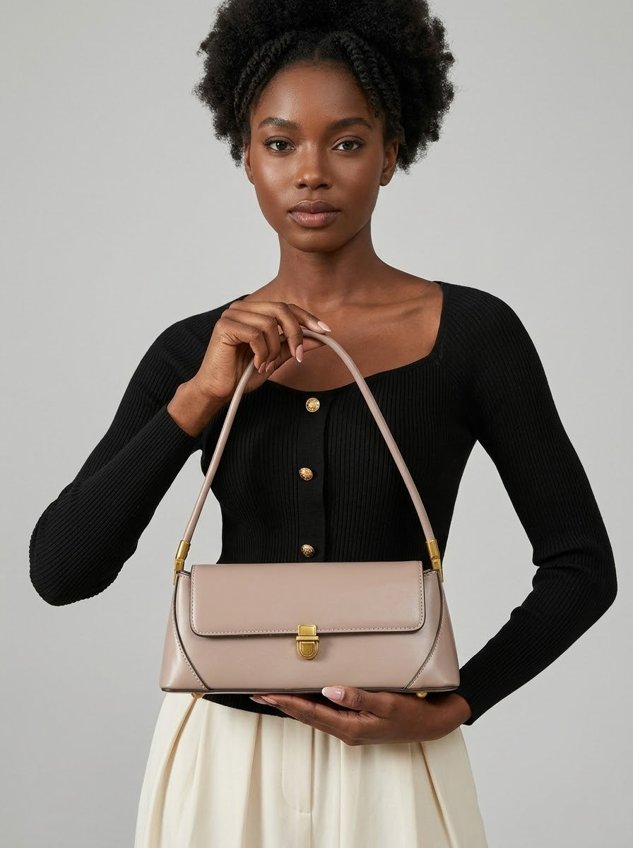 Beige leather structured mini shoulder bag with gold detail