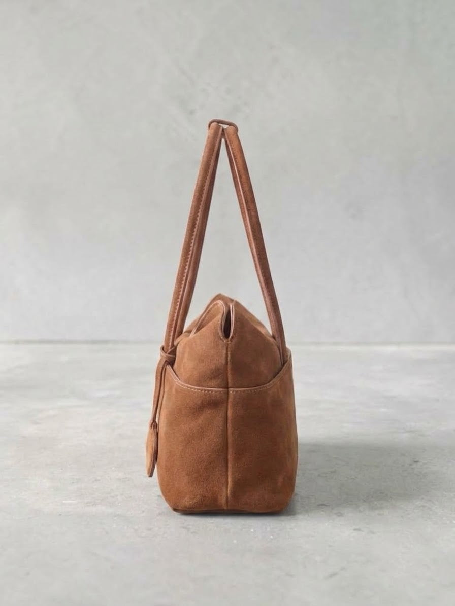 Genuine suede minimalist large shoulder bag tan