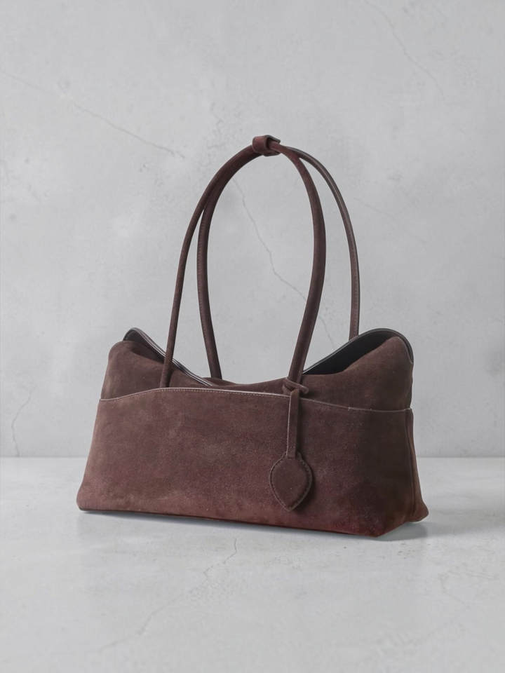 Genuine suede minimalist large shoulder bag dark brown