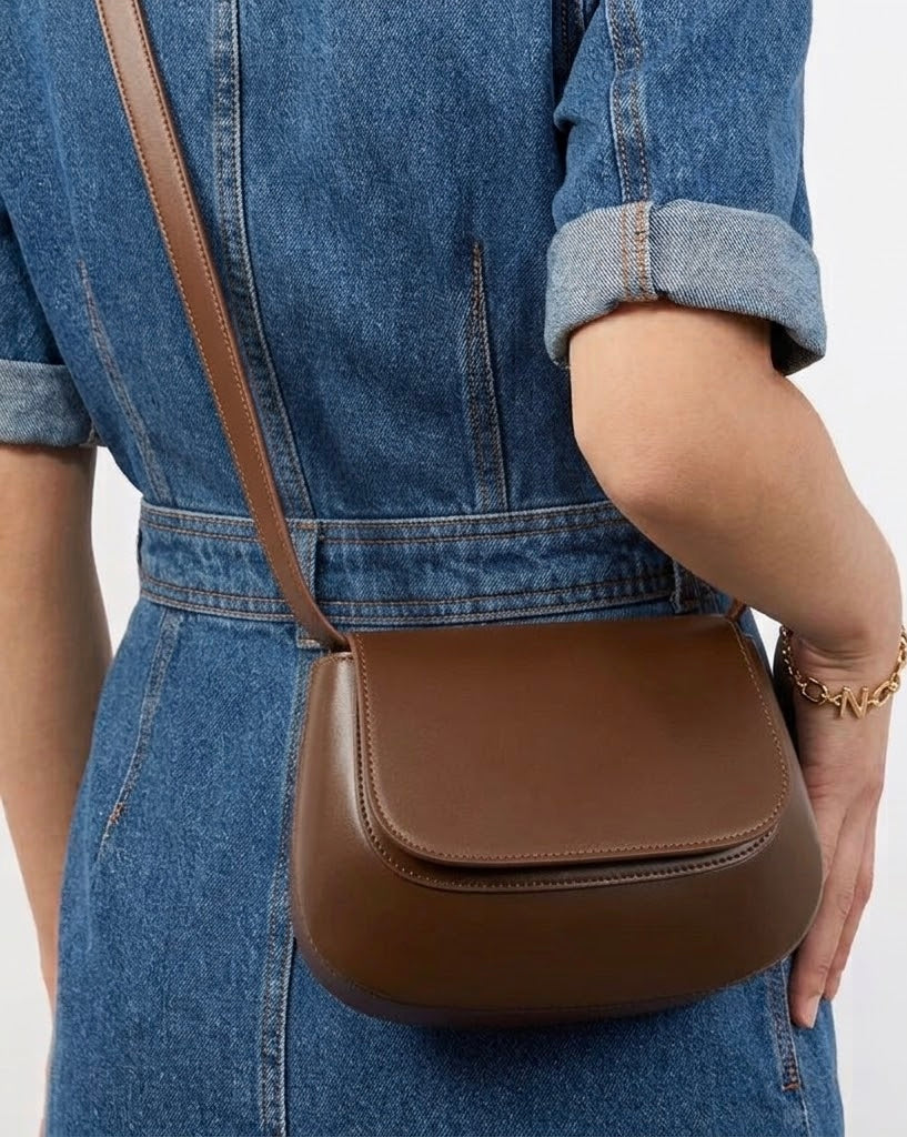 Leather structured mini cross body bag chocolate in brown