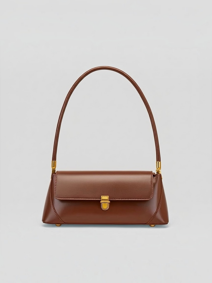 Brown leather structured mini shoulder bag with gold detail