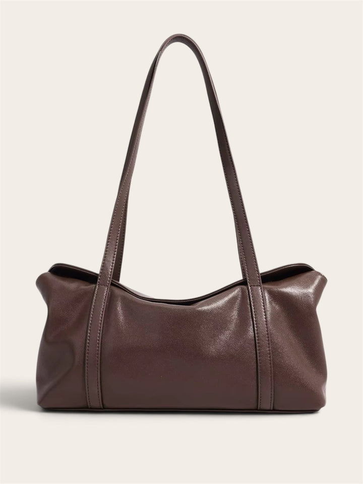 Genuine leather minimalist large shoulder bag dark brown