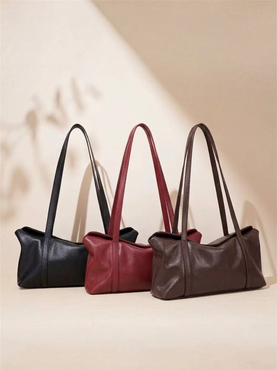 Genuine leather minimalist large shoulder bag black